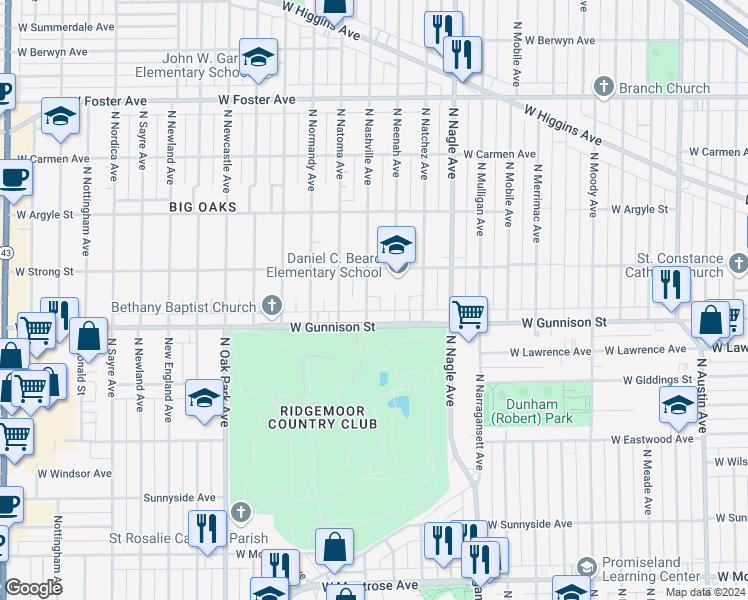 map of restaurants, bars, coffee shops, grocery stores, and more near 6534 West Gunnison Street in Harwood Heights