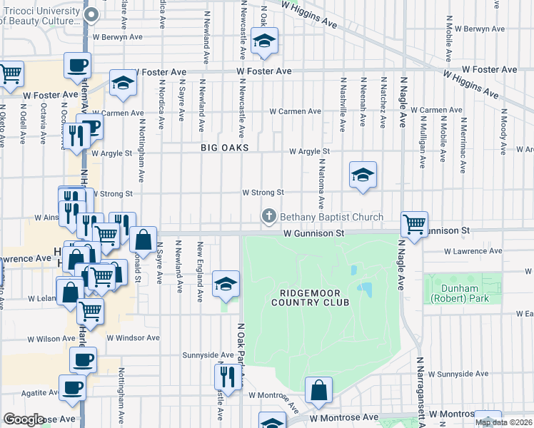 map of restaurants, bars, coffee shops, grocery stores, and more near 6740 West Gunnison Street in Chicago