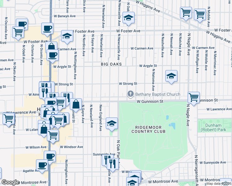 map of restaurants, bars, coffee shops, grocery stores, and more near 6804 West Gunnison Street in Harwood Heights