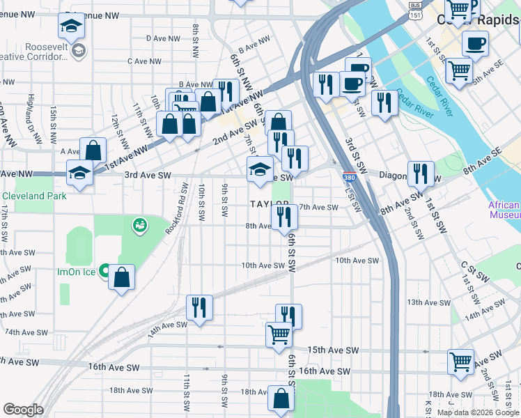 map of restaurants, bars, coffee shops, grocery stores, and more near 724 7th Street Southwest in Cedar Rapids