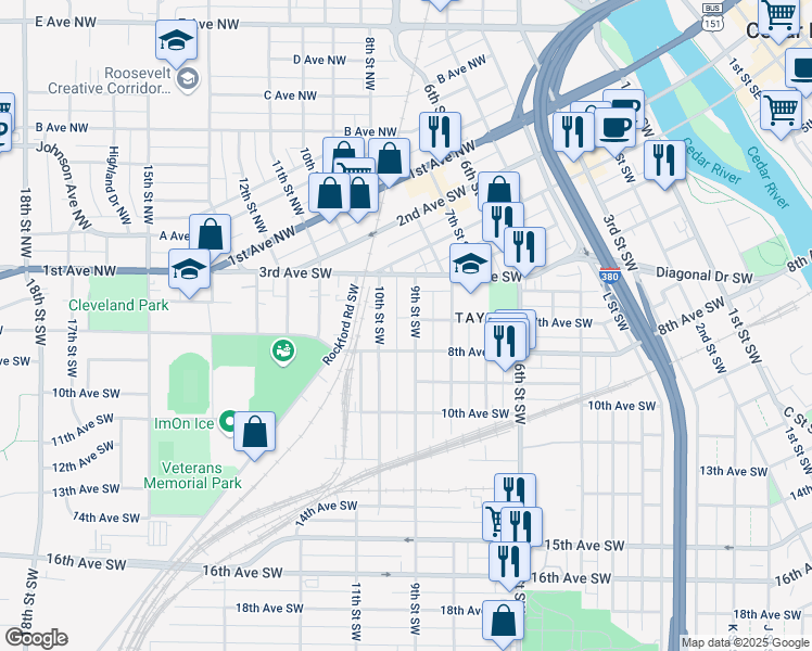 map of restaurants, bars, coffee shops, grocery stores, and more near 912 8th Avenue Southwest in Cedar Rapids