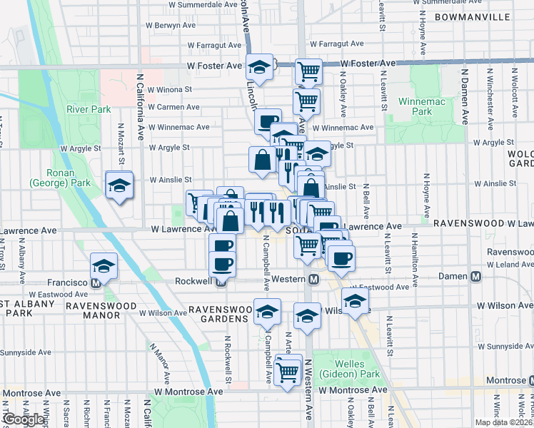 map of restaurants, bars, coffee shops, grocery stores, and more near in Chicago