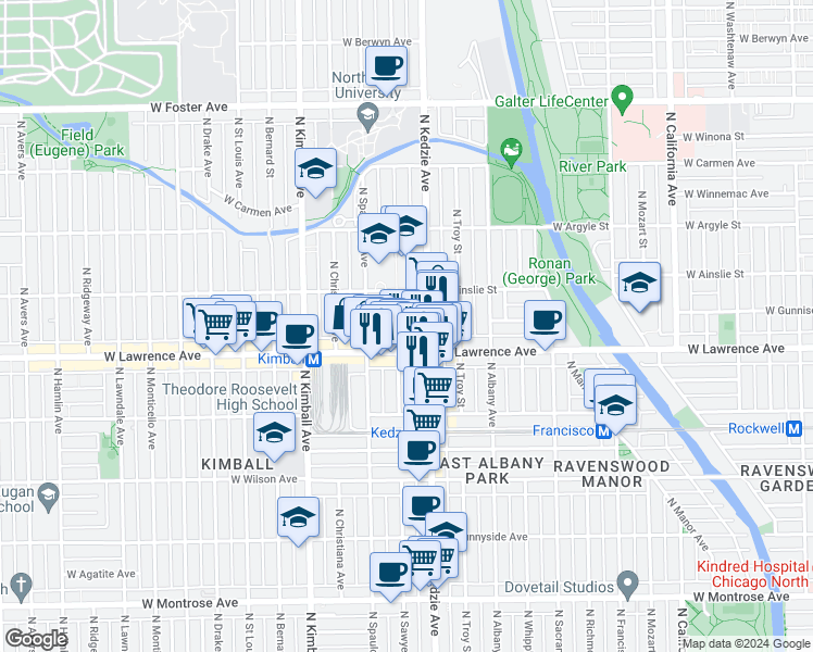 map of restaurants, bars, coffee shops, grocery stores, and more near 3222 West Lawrence Avenue in Chicago