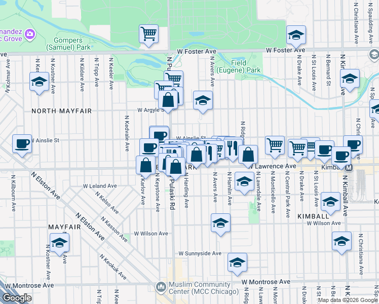 map of restaurants, bars, coffee shops, grocery stores, and more near 4804 North Springfield Avenue in Chicago
