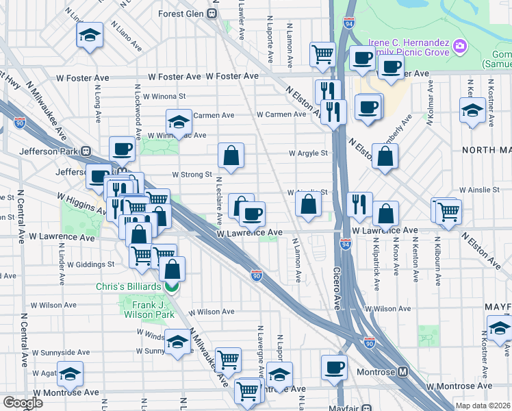 map of restaurants, bars, coffee shops, grocery stores, and more near 5001 West Gunnison Street in Chicago