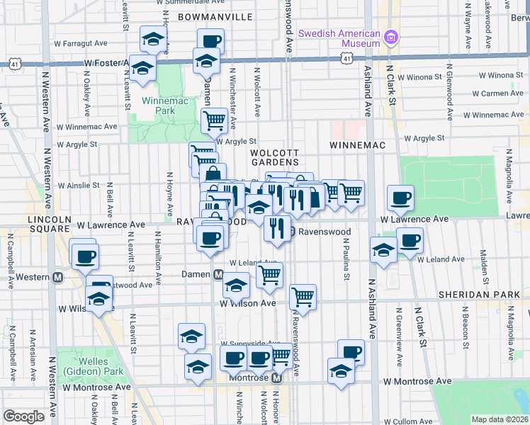 map of restaurants, bars, coffee shops, grocery stores, and more near 4811 North Wolcott Avenue in Chicago