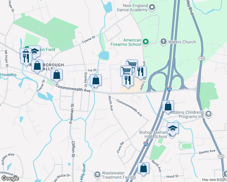 map of restaurants, bars, coffee shops, grocery stores, and more near 6 North Avenue in North Attleborough