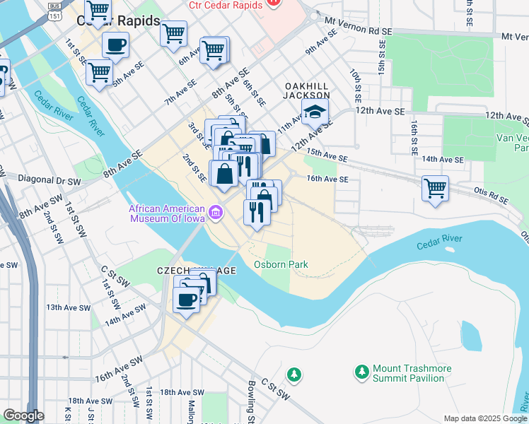 map of restaurants, bars, coffee shops, grocery stores, and more near 1318 2nd St SE in Cedar Rapids
