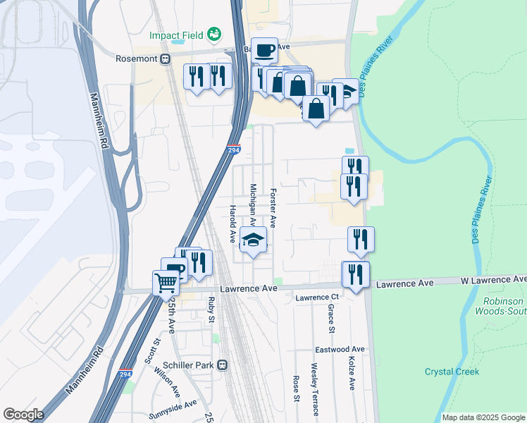 map of restaurants, bars, coffee shops, grocery stores, and more near 4923 Michigan Avenue in Schiller Park