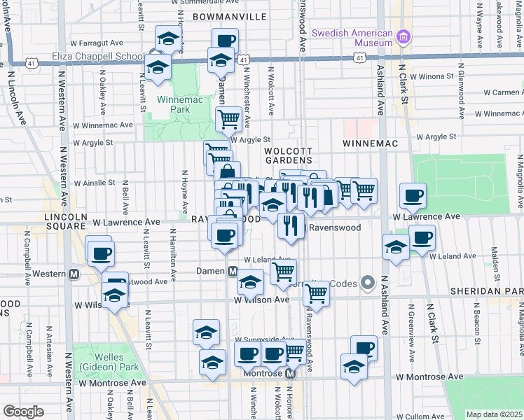 map of restaurants, bars, coffee shops, grocery stores, and more near 1900 West Lawrence Avenue in Chicago