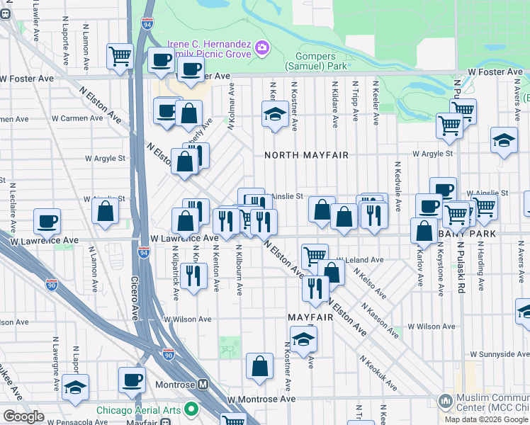 map of restaurants, bars, coffee shops, grocery stores, and more near 4448 West Gunnison Street in Chicago