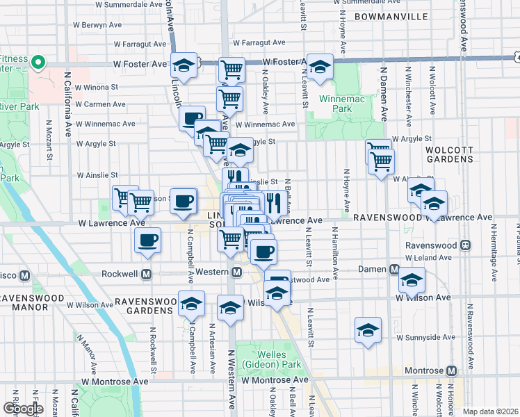 map of restaurants, bars, coffee shops, grocery stores, and more near 4818 North Oakley Avenue in Chicago