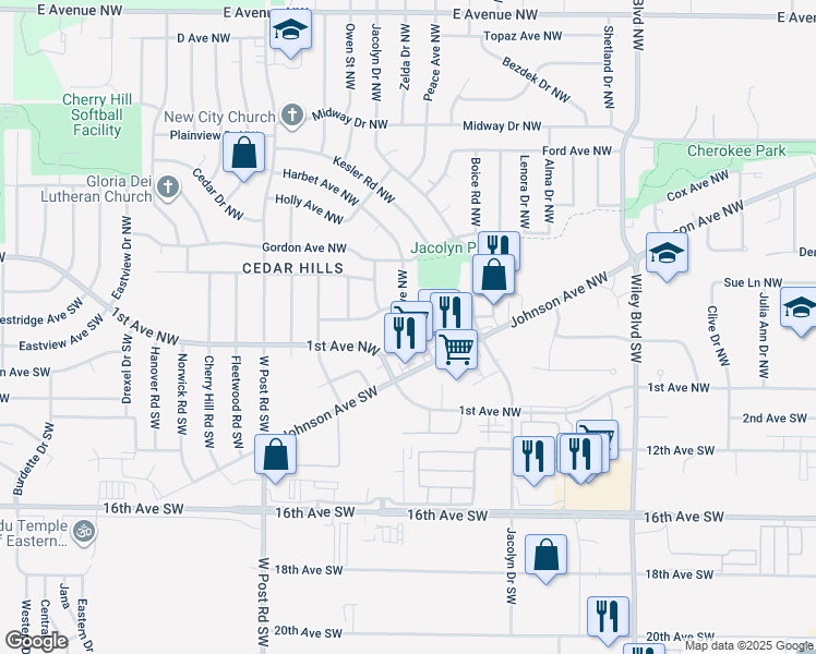map of restaurants, bars, coffee shops, grocery stores, and more near 117 Harbet Avenue Northwest in Cedar Rapids
