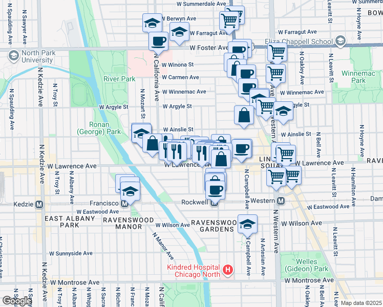 map of restaurants, bars, coffee shops, grocery stores, and more near 4851 North Washtenaw Avenue in Chicago