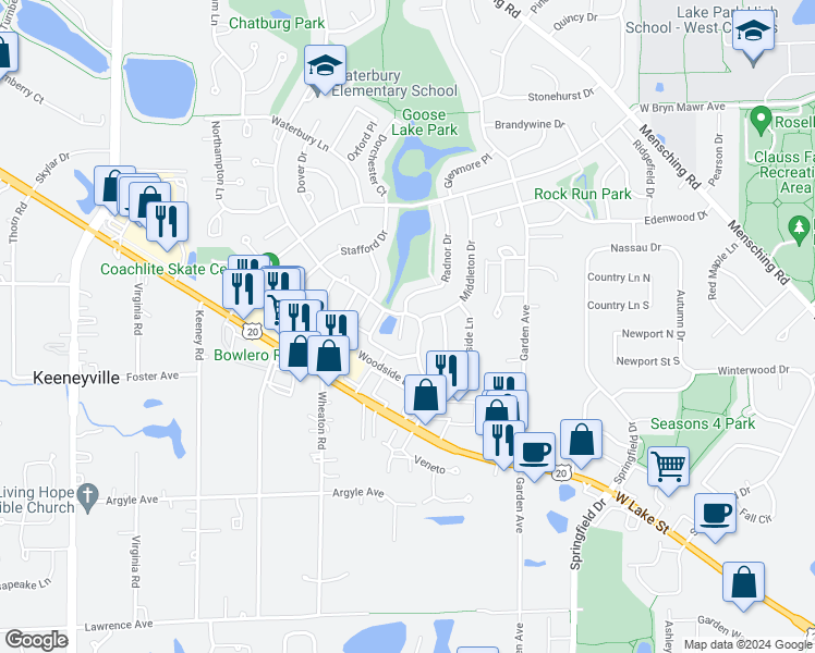 map of restaurants, bars, coffee shops, grocery stores, and more near 718 Rodenburg Road in Roselle