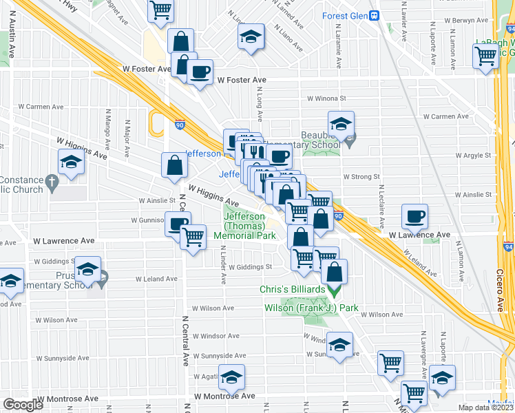 map of restaurants, bars, coffee shops, grocery stores, and more near 5440 West Higgins Avenue in Chicago