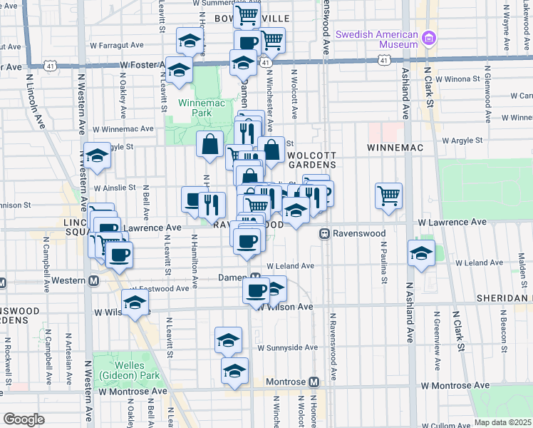 map of restaurants, bars, coffee shops, grocery stores, and more near 4814 North Winchester Avenue in Chicago
