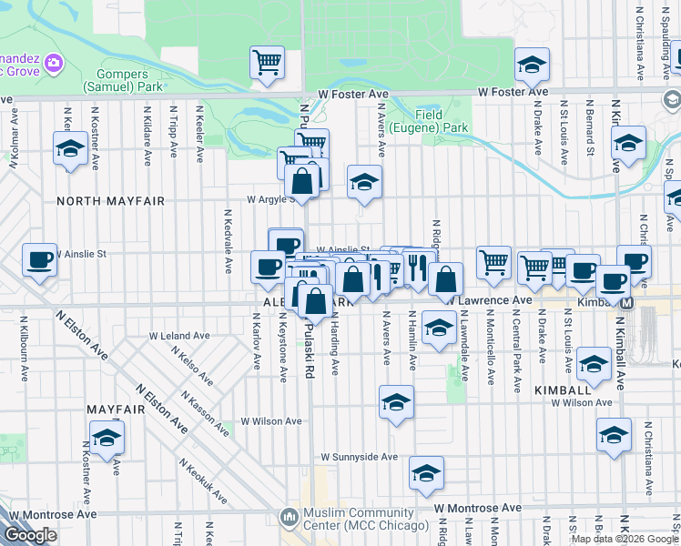 map of restaurants, bars, coffee shops, grocery stores, and more near 4833 North Harding Avenue in Chicago