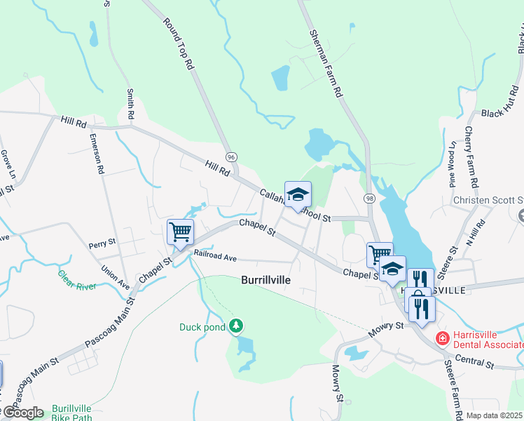 map of restaurants, bars, coffee shops, grocery stores, and more near River Street in Burrillville