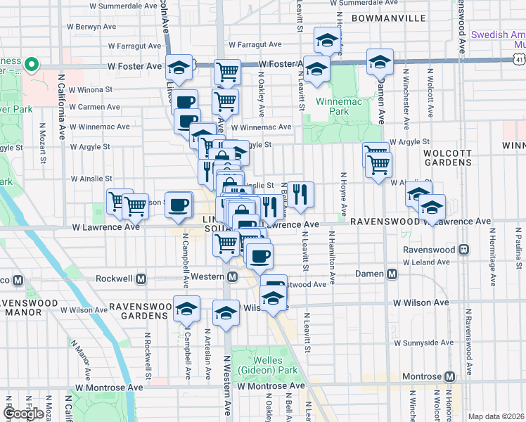 map of restaurants, bars, coffee shops, grocery stores, and more near 4818 North Oakley Avenue in Chicago