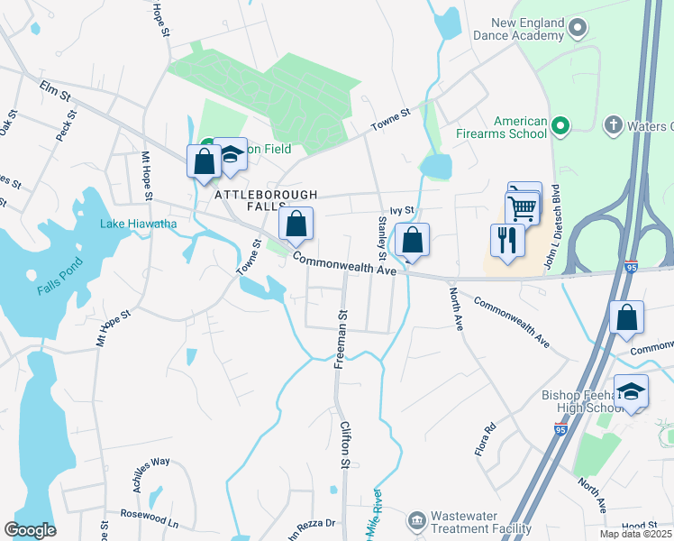 map of restaurants, bars, coffee shops, grocery stores, and more near 180 Commonwealth Avenue in North Attleborough