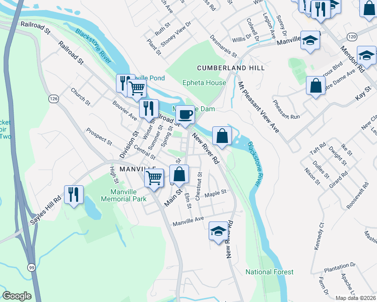 map of restaurants, bars, coffee shops, grocery stores, and more near 30 Main Street in Lincoln