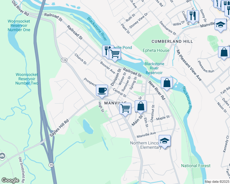 map of restaurants, bars, coffee shops, grocery stores, and more near 6 Church Street in Lincoln