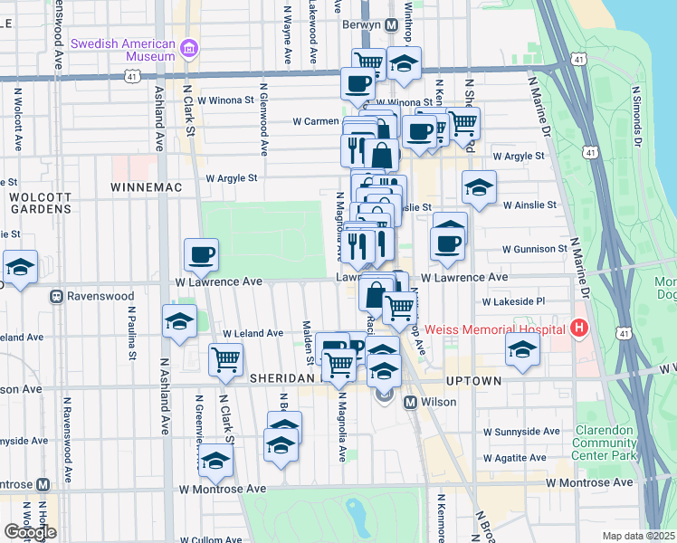 map of restaurants, bars, coffee shops, grocery stores, and more near 4832 North Magnolia Avenue in Chicago