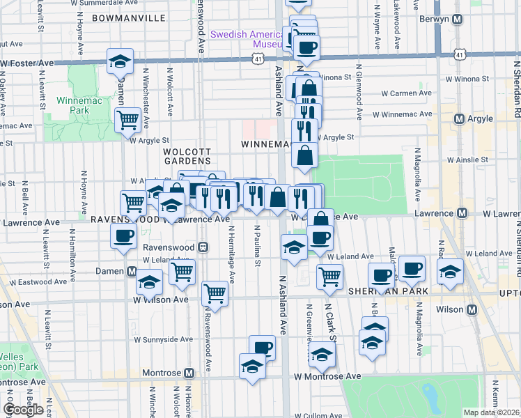 map of restaurants, bars, coffee shops, grocery stores, and more near 4839 North Paulina Street in Chicago