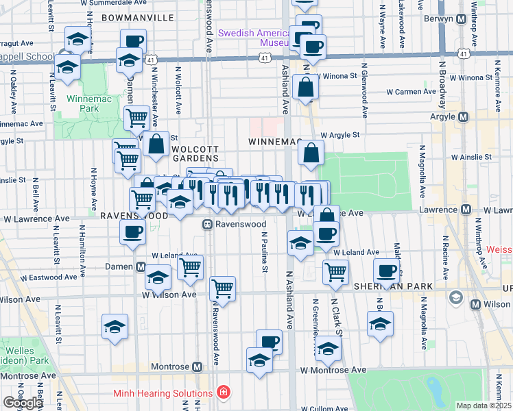 map of restaurants, bars, coffee shops, grocery stores, and more near 4839 North Hermitage Avenue in Chicago