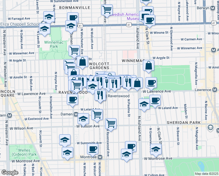 map of restaurants, bars, coffee shops, grocery stores, and more near 4845 North Ravenswood Avenue in Chicago