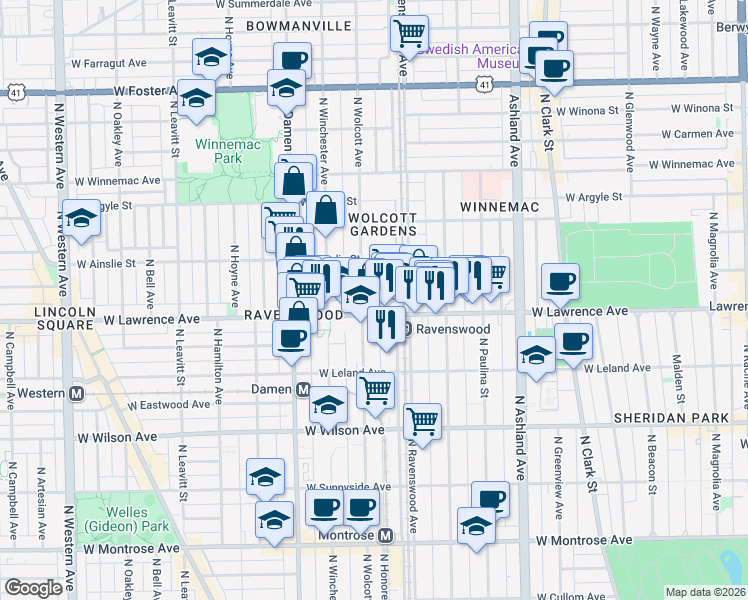 map of restaurants, bars, coffee shops, grocery stores, and more near 1802 West Lawrence Avenue in Chicago