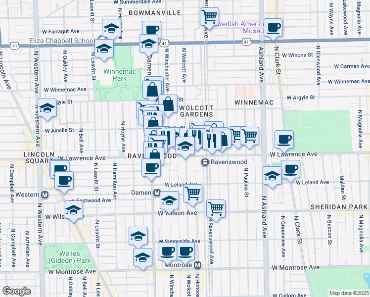 map of restaurants, bars, coffee shops, grocery stores, and more near 4838 North Wolcott Avenue in Chicago