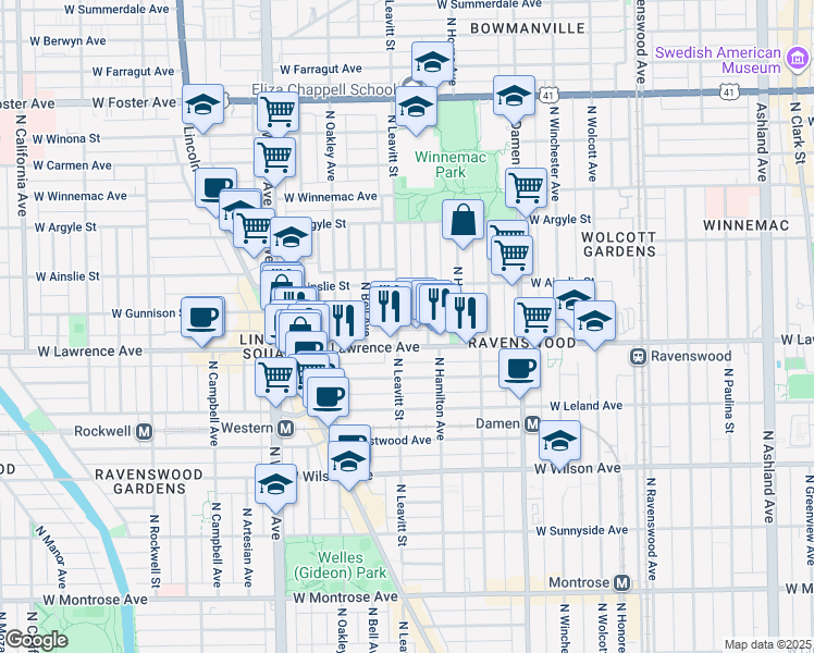 map of restaurants, bars, coffee shops, grocery stores, and more near 4841 North Leavitt Street in Chicago