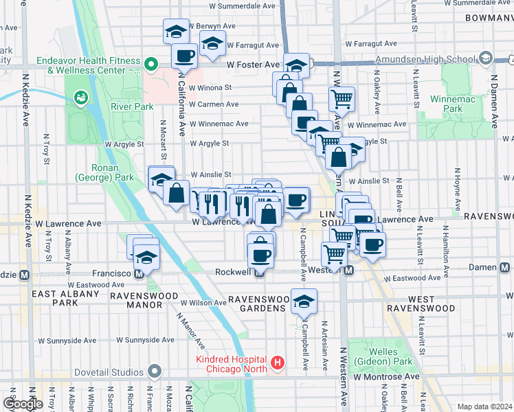 map of restaurants, bars, coffee shops, grocery stores, and more near 4851 North Talman Avenue in Chicago