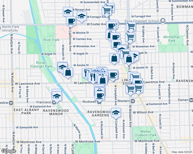 map of restaurants, bars, coffee shops, grocery stores, and more near 4851 North Talman Avenue in Chicago