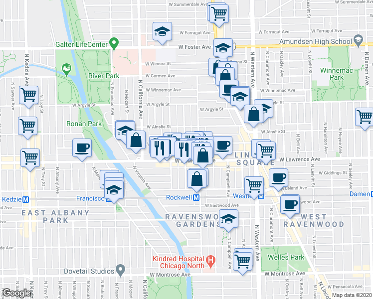 map of restaurants, bars, coffee shops, grocery stores, and more near 4851 North Talman Avenue in Chicago