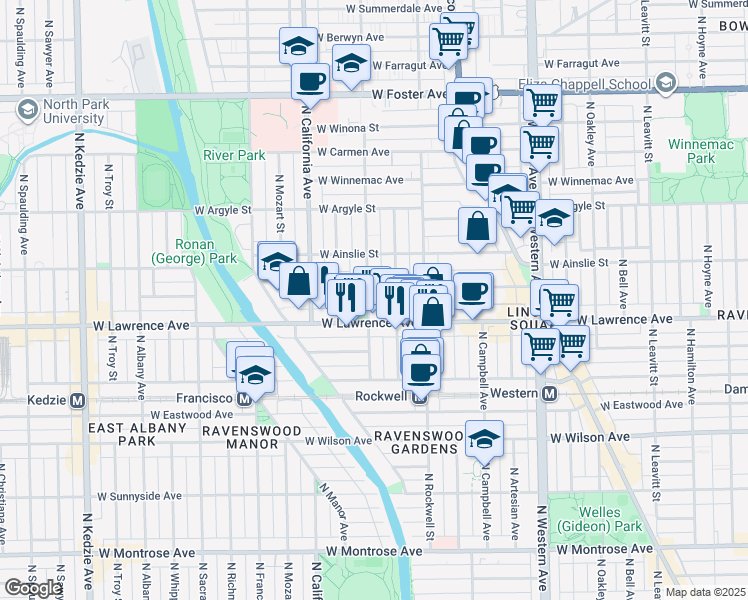 map of restaurants, bars, coffee shops, grocery stores, and more near 4851 North Washtenaw Avenue in Chicago