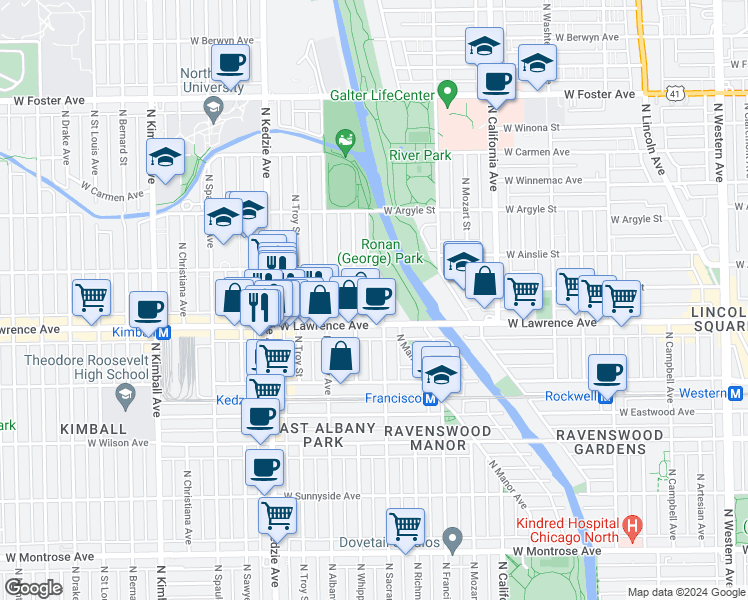 map of restaurants, bars, coffee shops, grocery stores, and more near 3004 West Ainslie Street in Chicago