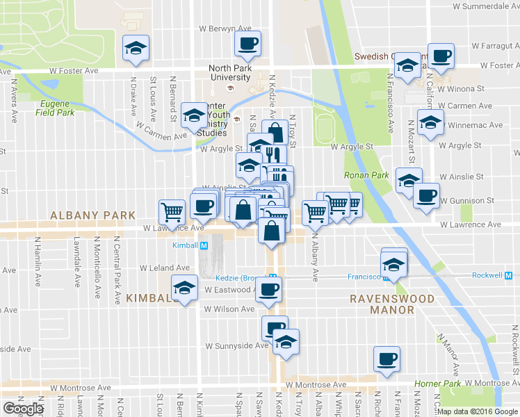 map of restaurants, bars, coffee shops, grocery stores, and more near 4851 North Sawyer Avenue in Chicago