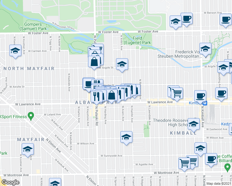 map of restaurants, bars, coffee shops, grocery stores, and more near 4856 North Springfield Avenue in Chicago