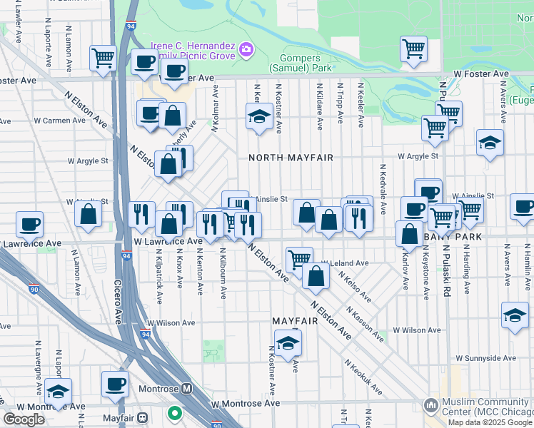map of restaurants, bars, coffee shops, grocery stores, and more near 4900 West Ainslie Street in Chicago