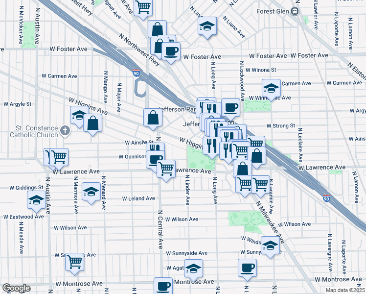 map of restaurants, bars, coffee shops, grocery stores, and more near 5450 West Gale Street in Chicago
