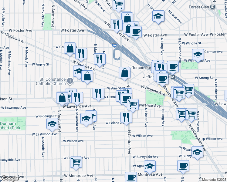 map of restaurants, bars, coffee shops, grocery stores, and more near 5650 West Grover Street in Chicago