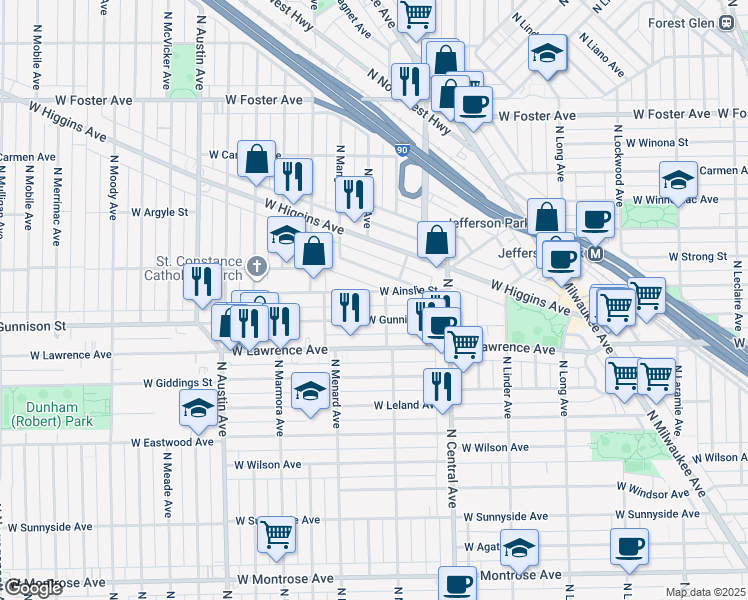 map of restaurants, bars, coffee shops, grocery stores, and more near 5717 West Grover Street in Chicago