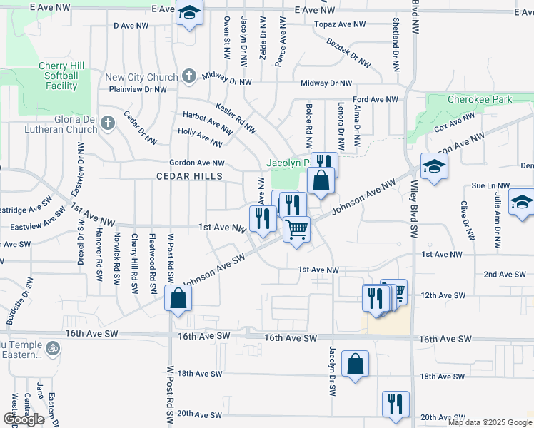 map of restaurants, bars, coffee shops, grocery stores, and more near 128 Rich Mar Court Northwest in Cedar Rapids