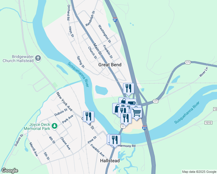 map of restaurants, bars, coffee shops, grocery stores, and more near 13 Spring Street in Great Bend