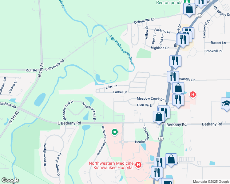 map of restaurants, bars, coffee shops, grocery stores, and more near 2559 Lilac Lane in Sycamore