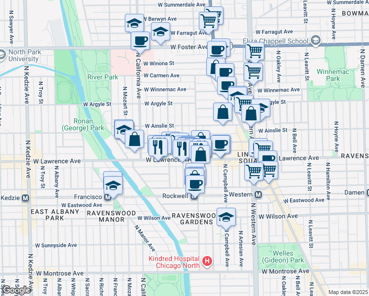map of restaurants, bars, coffee shops, grocery stores, and more near 4851 North Talman Avenue in Chicago