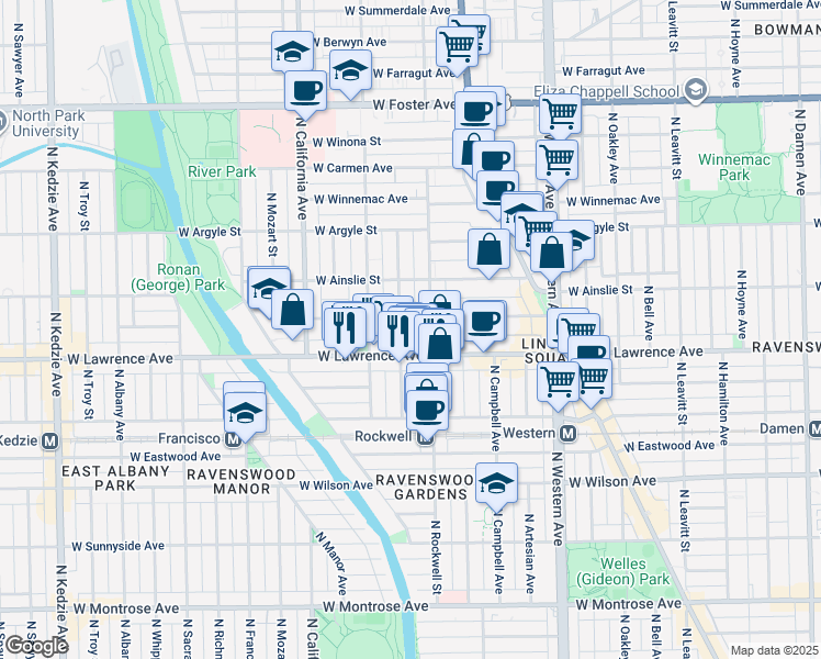 map of restaurants, bars, coffee shops, grocery stores, and more near 4851 North Talman Avenue in Chicago